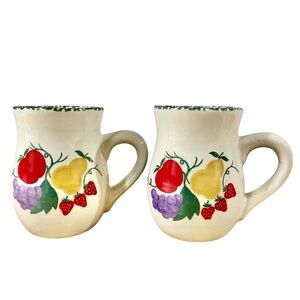 Fruit Motif Set of 2 Stoneware Mugs Green Spongeware Cottage Retro Boho Crock